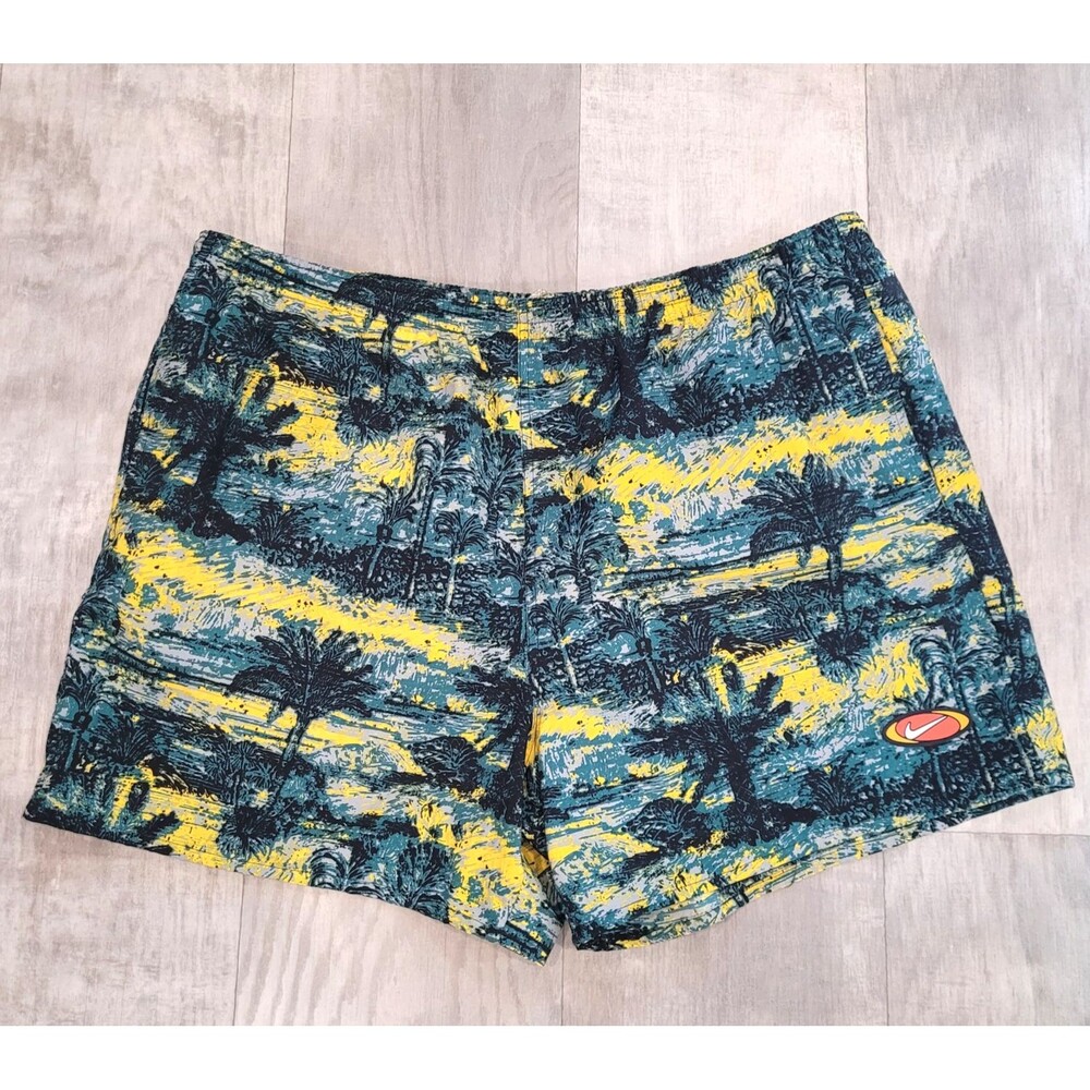 Nike XXL Hawaiian Tropical Swim Trunks All Over Print Mesh Lining Blue Yellow